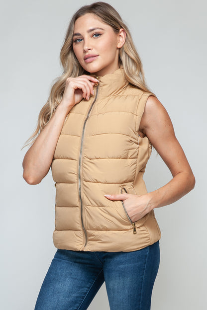 Zip Up Turtleneck Vest with Pockets in Iced Coffee