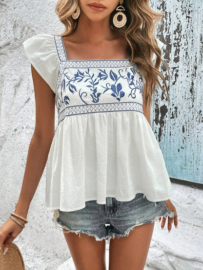 Embroidered Cap Sleeve Blouse - Olive Ave