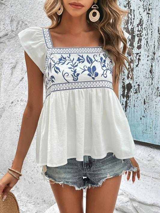 Embroidered Cap Sleeve Blouse - Olive Ave