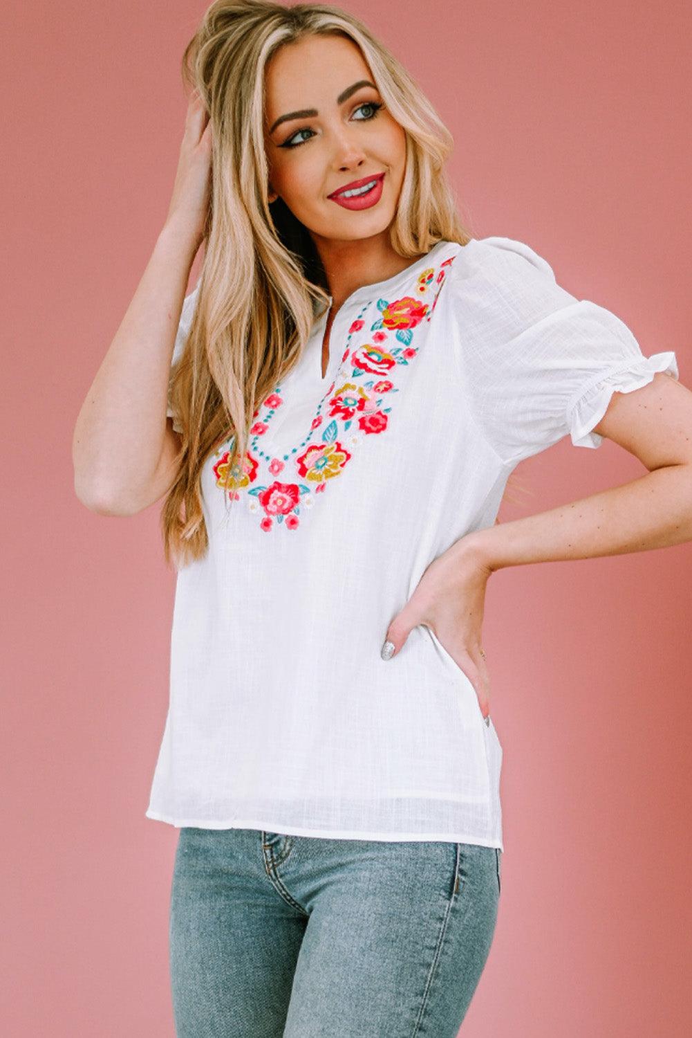 Embroidered Flounce Sleeve Top - Olive Ave