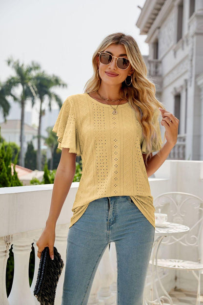 Eyelet Flutter Sleeve Top - Olive Ave