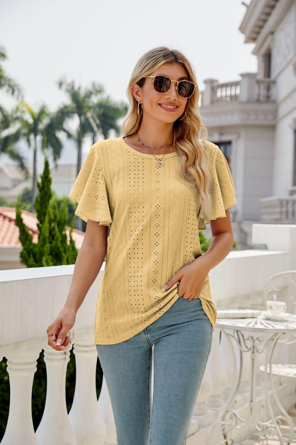 Eyelet Flutter Sleeve Top - Olive Ave