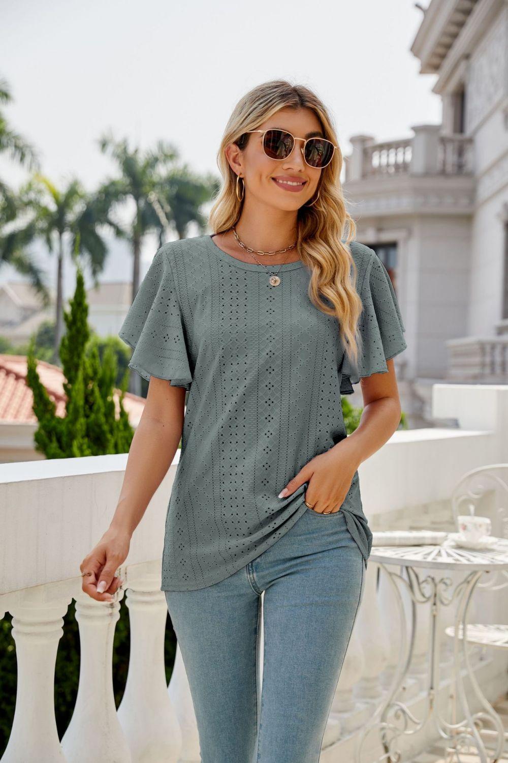 Eyelet Flutter Sleeve Top - Olive Ave