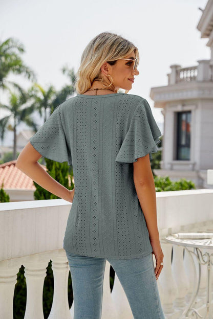 Eyelet Flutter Sleeve Top - Olive Ave