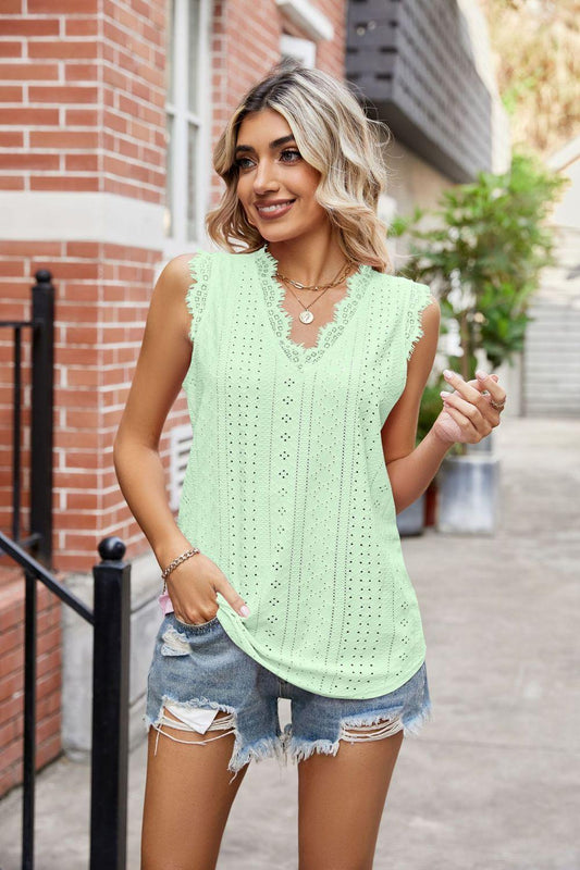 Eyelet Lace Trim V-Neck Tank in 8 Colors - Olive Ave