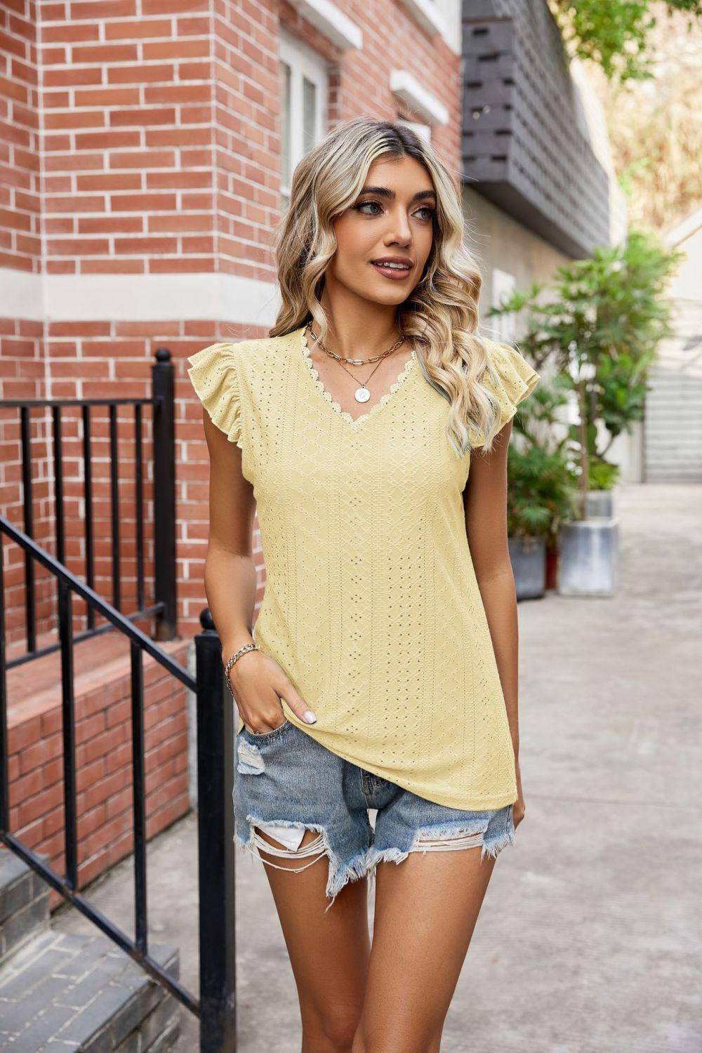 Eyelet Scalloped V-Neck Top - Olive Ave