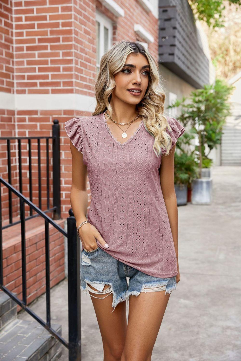 Eyelet Scalloped V-Neck Top - Olive Ave