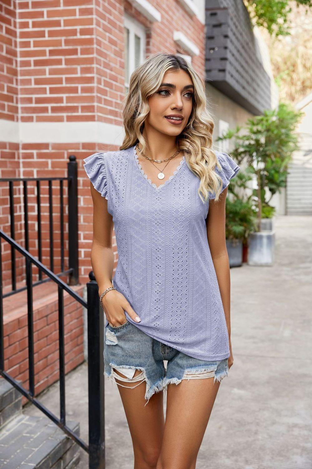 Eyelet Scalloped V-Neck Top - Olive Ave