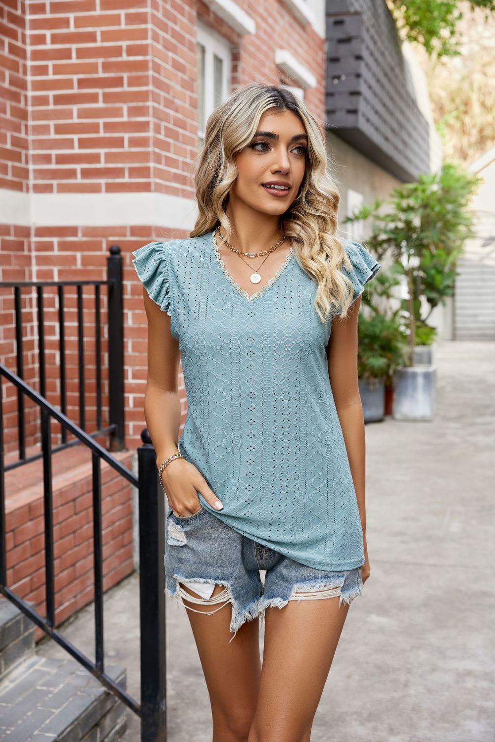 Eyelet Scalloped V-Neck Top - Olive Ave