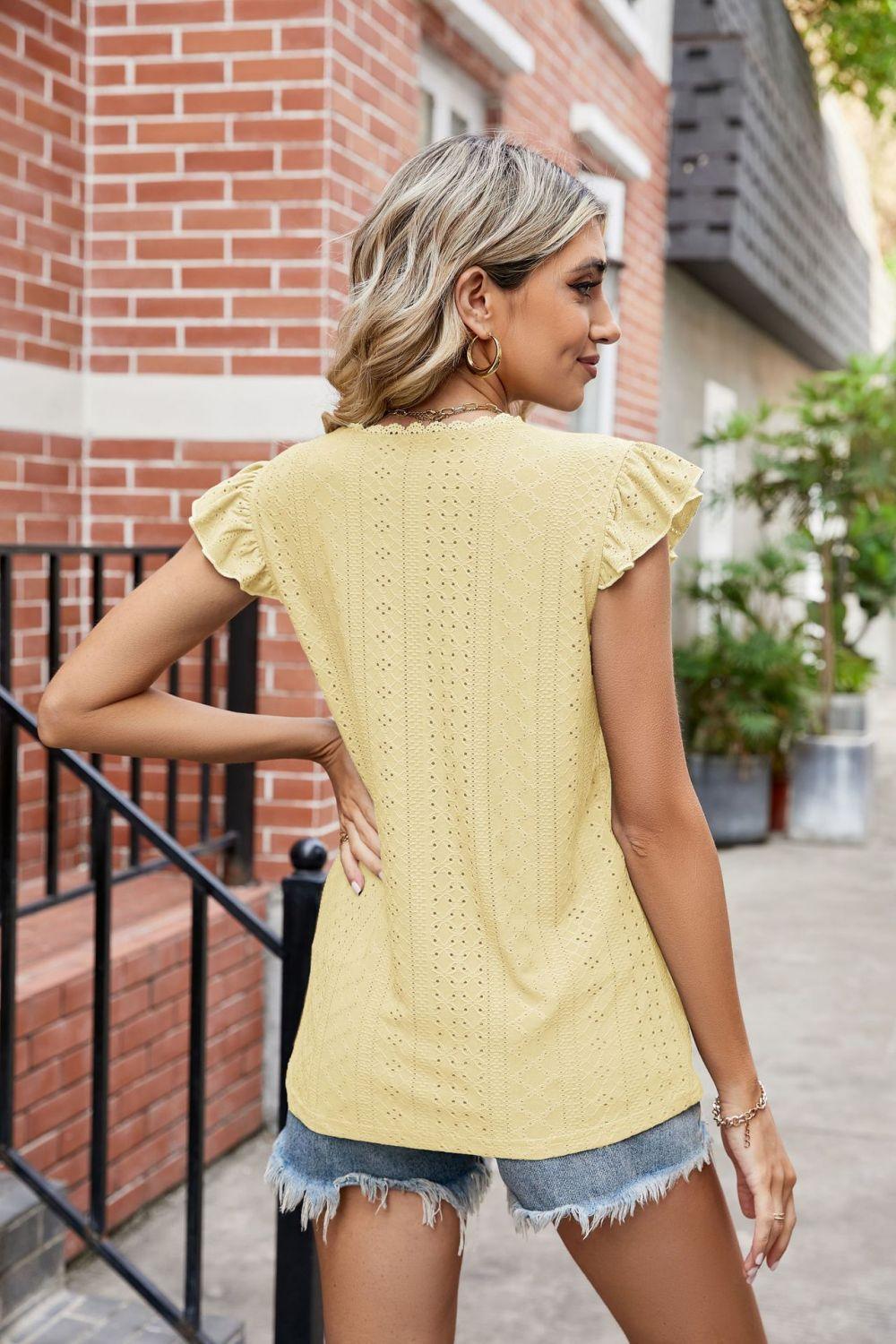 Eyelet Scalloped V-Neck Top - Olive Ave