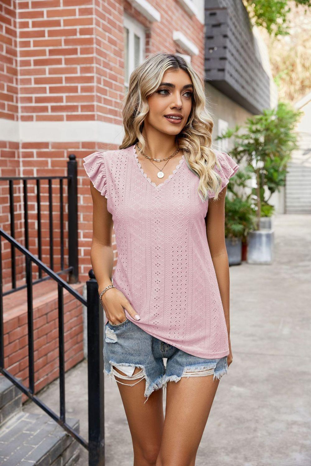 Eyelet Scalloped V-Neck Top - Olive Ave