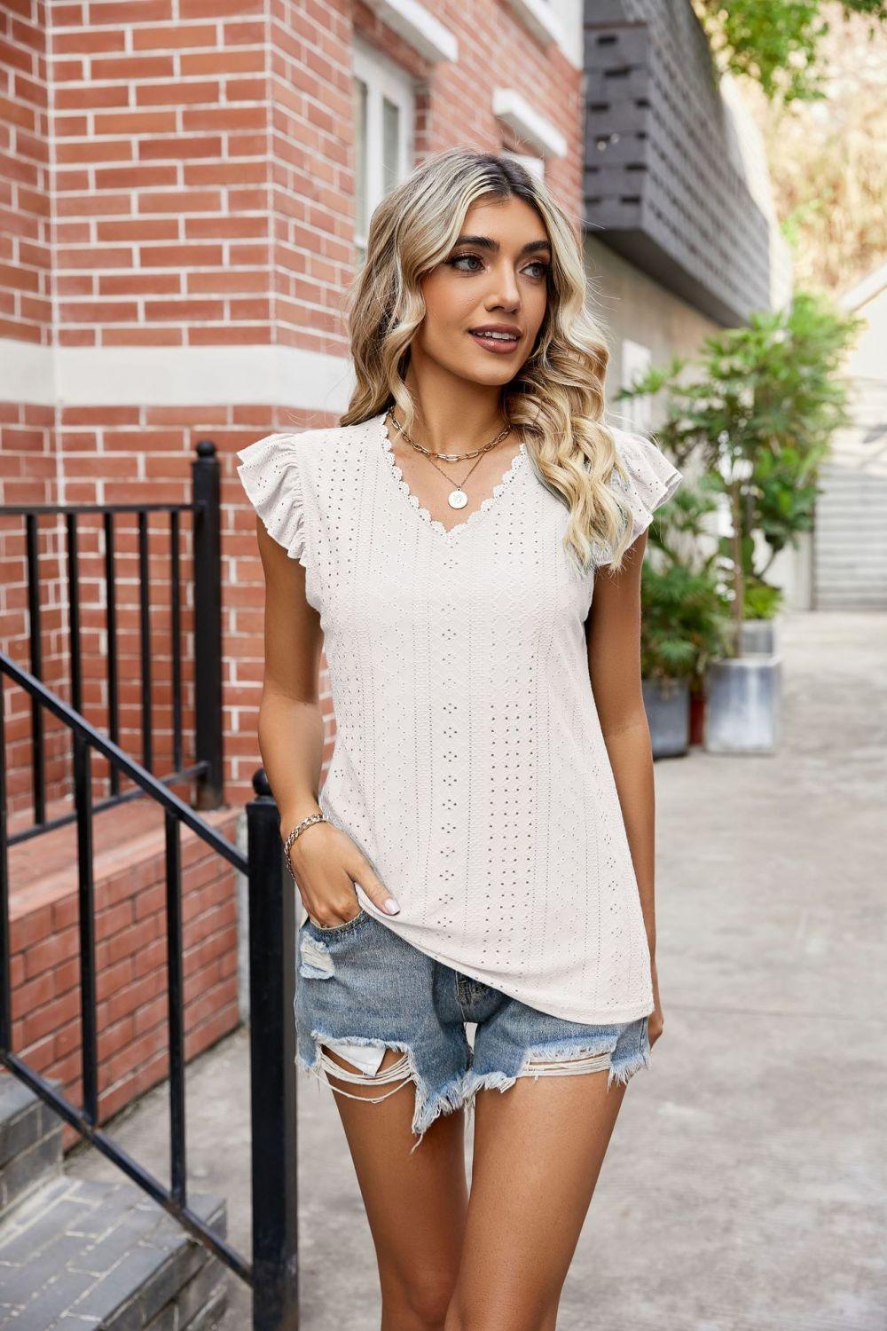 Eyelet Scalloped V-Neck Top - Olive Ave