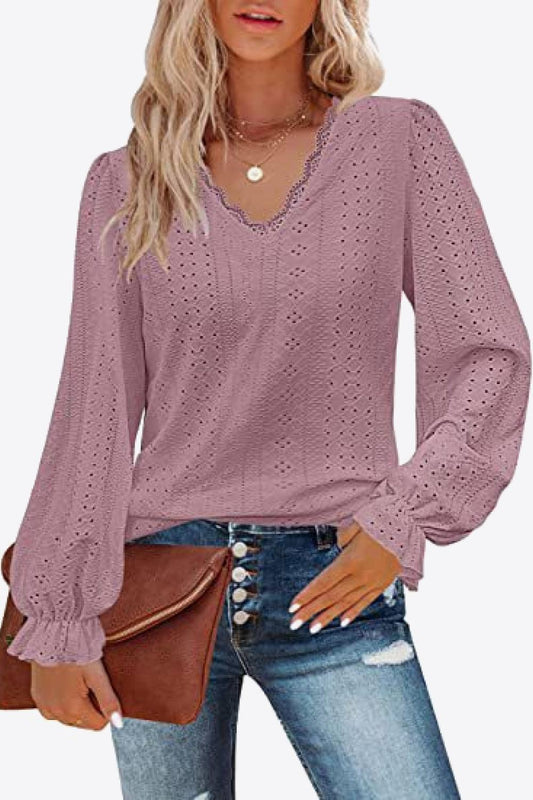 Eyelet V-Neck Blouse - Olive Ave