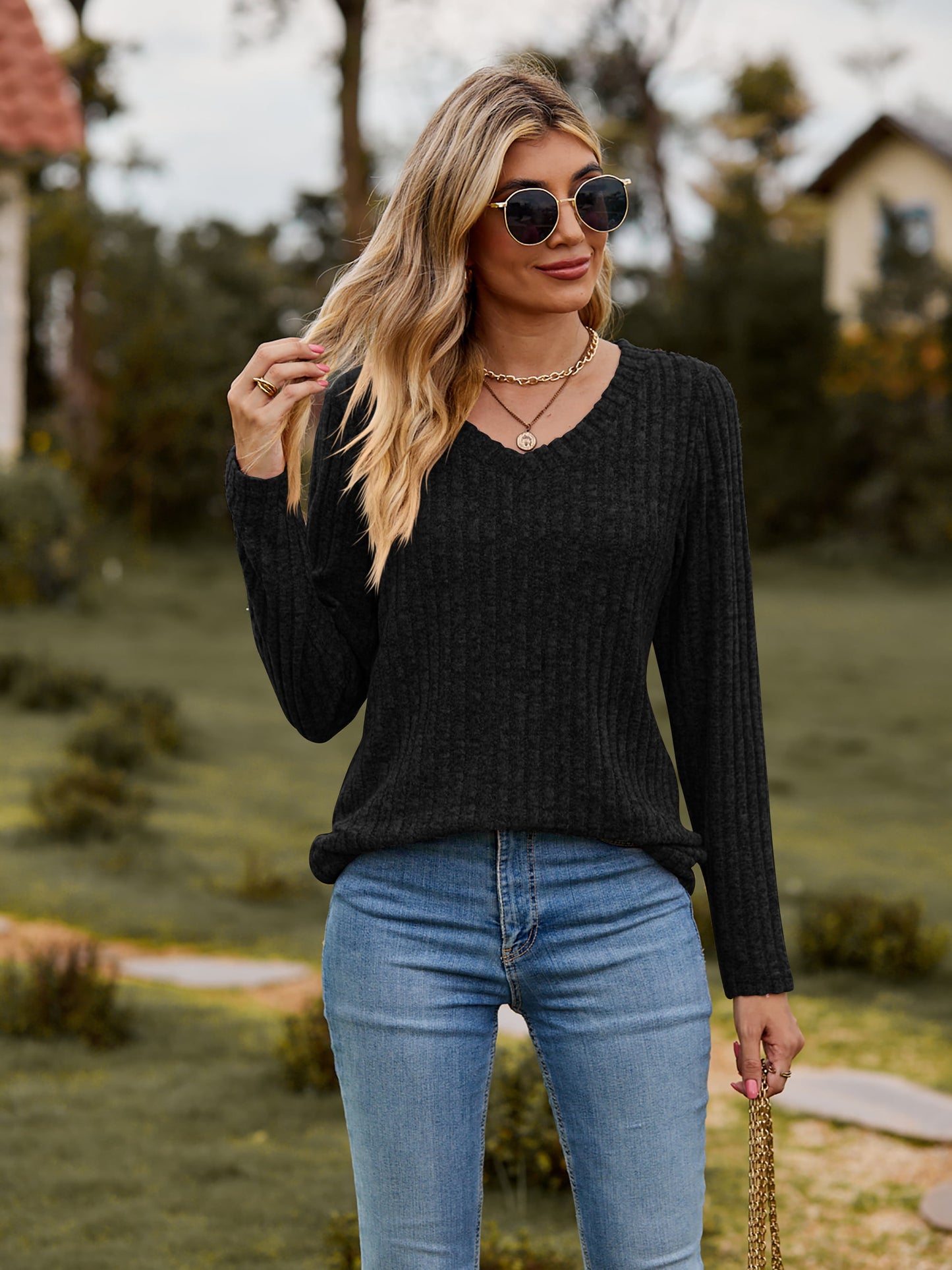 Ribbed V-Neck Long Sleeve Top in 7 Colors