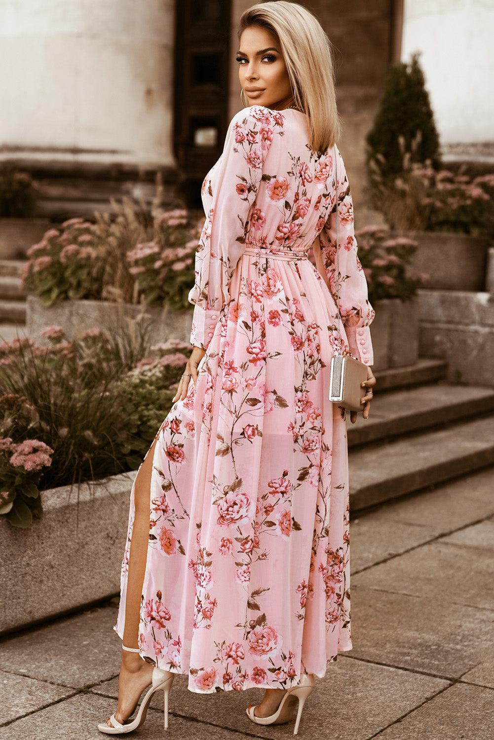 Floral Bishop Sleeve Slit Maxi Dress - Olive Ave