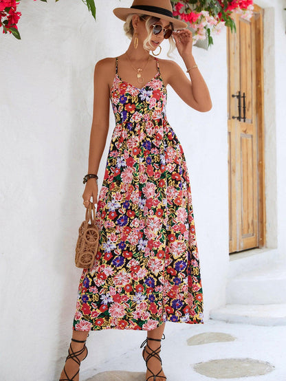 Floral Crisscross Backless Split Dress - Olive Ave