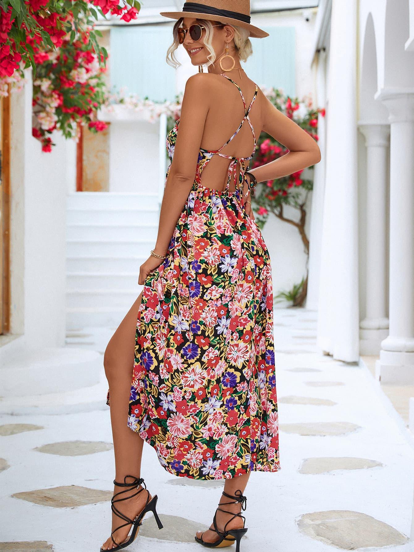 Floral Crisscross Backless Split Dress - Olive Ave