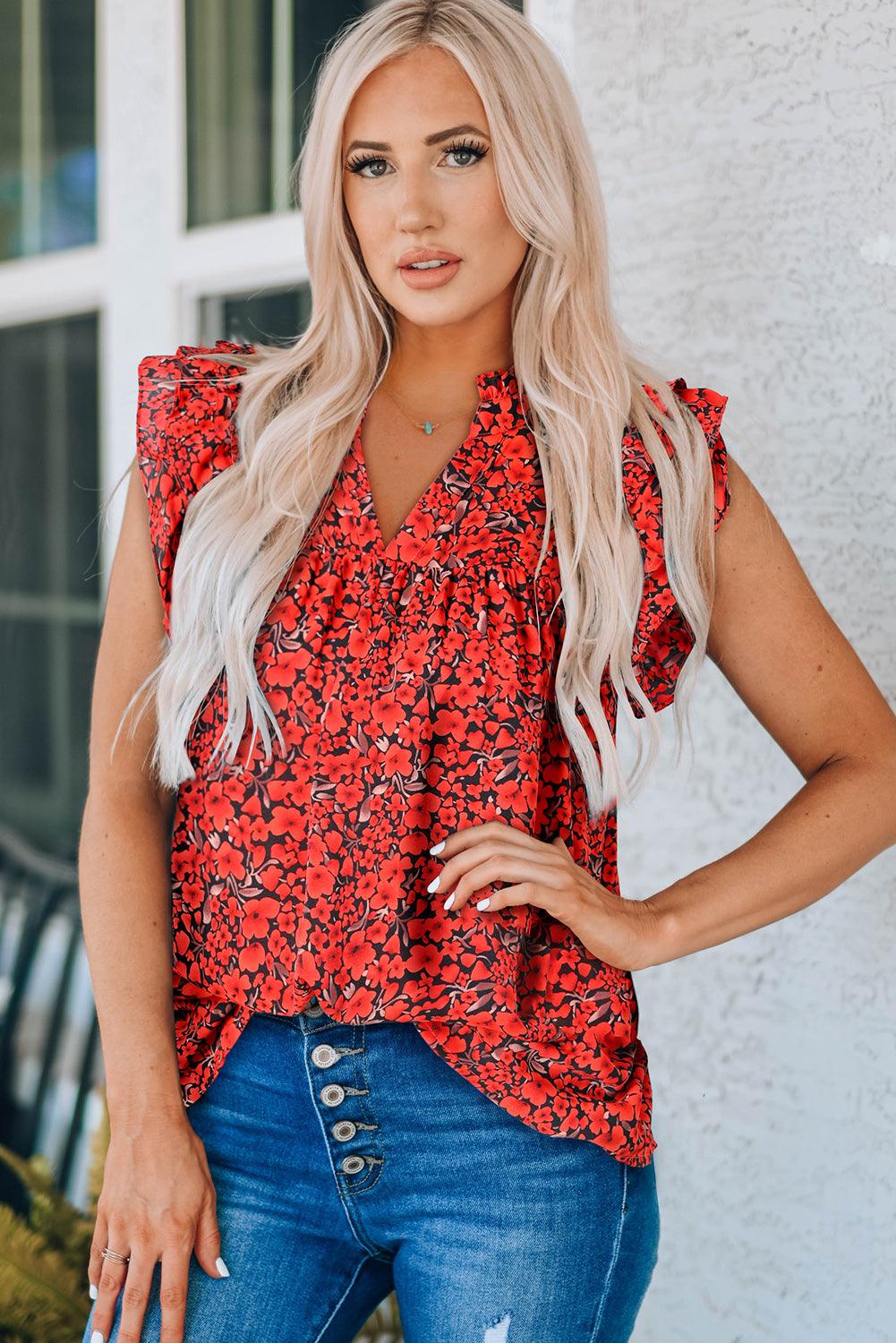 Floral Flutter Sleeve Blouse - Olive Ave