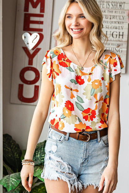 Floral Flutter Sleeve Blouse - Olive Ave