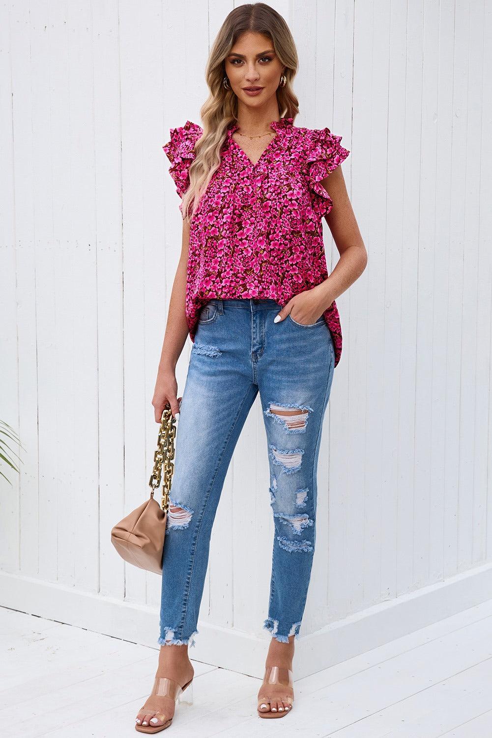 Floral Flutter Sleeve Blouse - Olive Ave