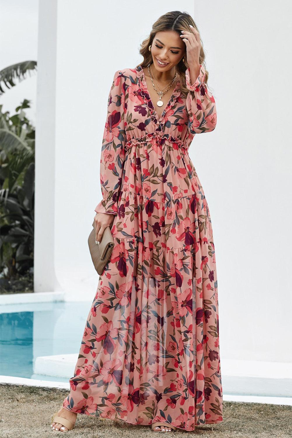 Floral Frill Trim Plunge Maxi Dress - Olive Ave