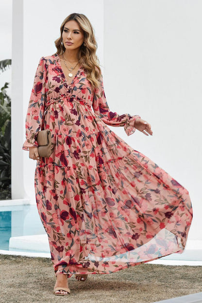 Floral Frill Trim Plunge Maxi Dress - Olive Ave