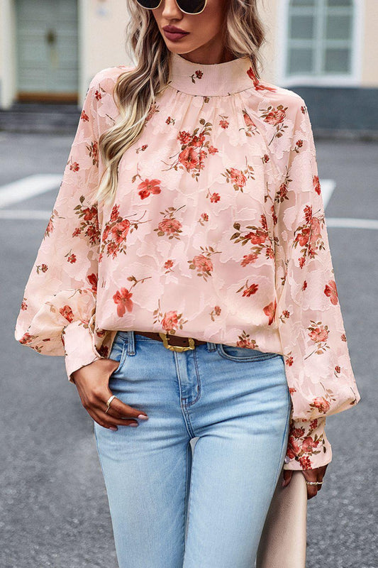 Floral Print Mock Neck Lantern Sleeve Blouse - Olive Ave