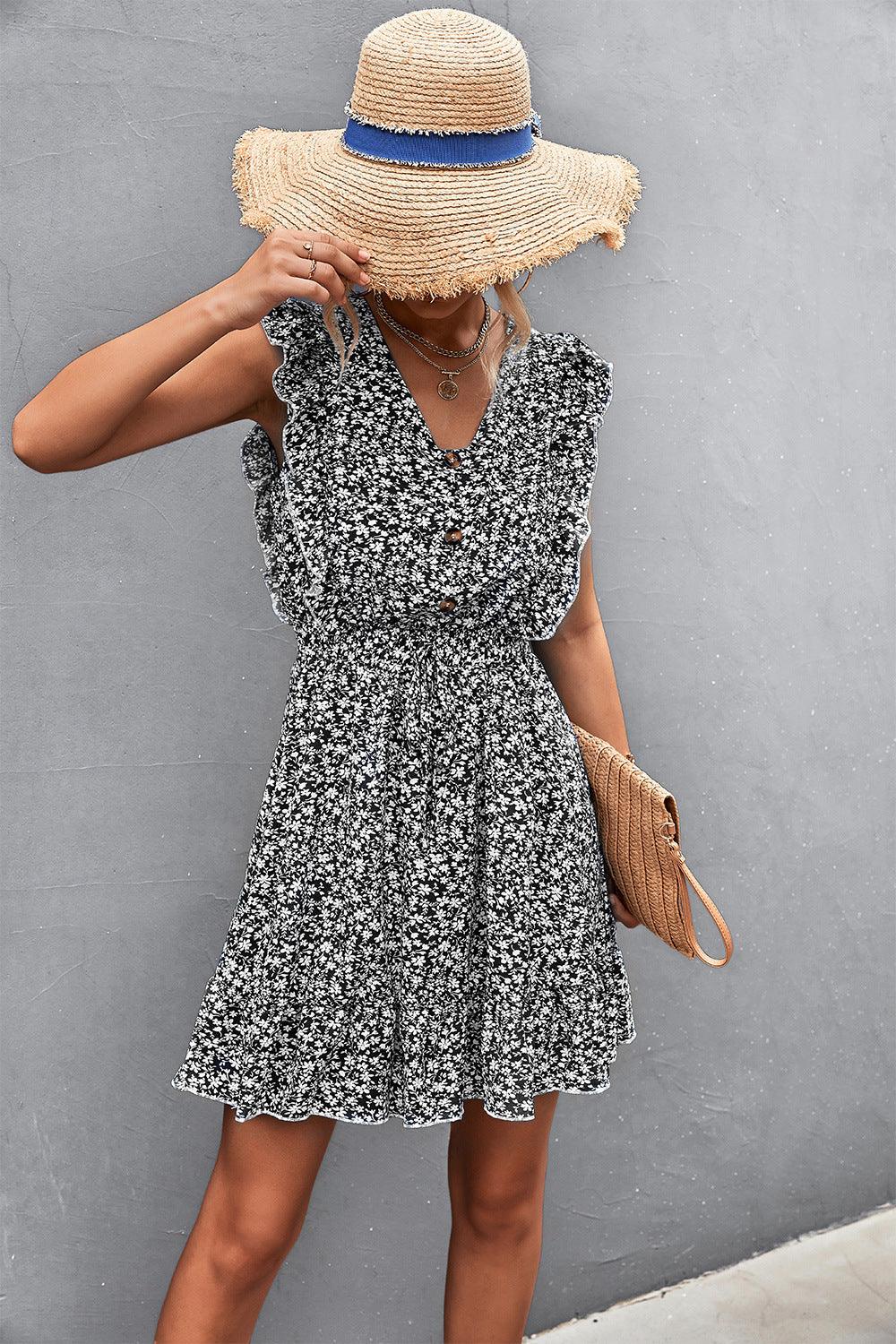 Floral Ruffled V-Neck Dress - Olive Ave