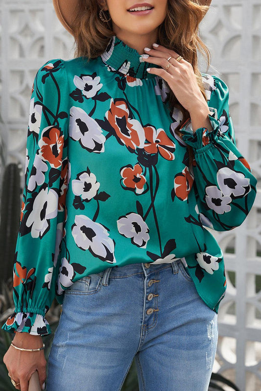 Floral Smocked Flounce Sleeve Blouse - Olive Ave