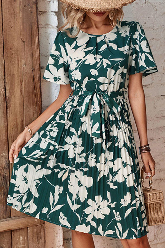 Floral Tie Belt Pleated Dress - Olive Ave