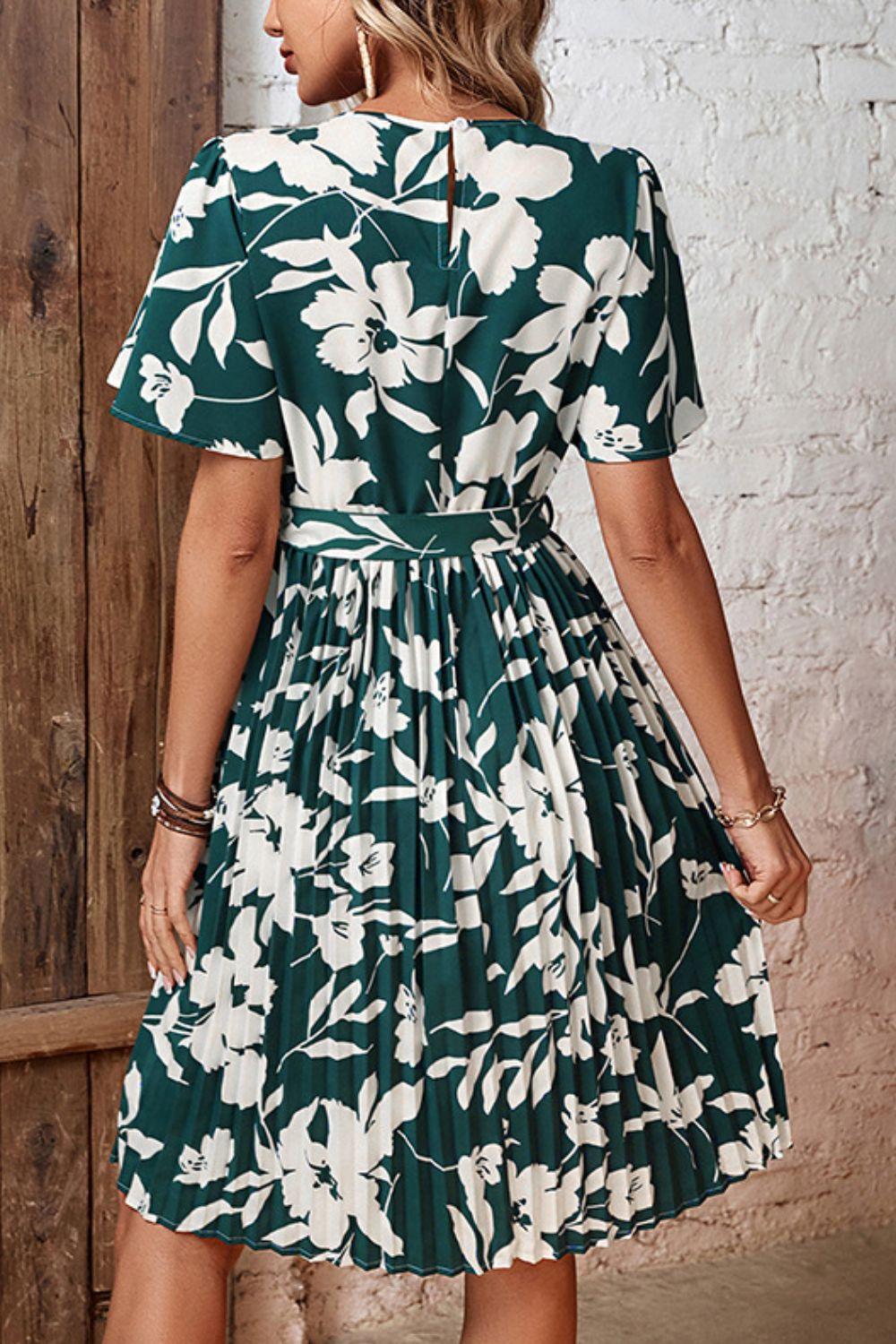 Floral Tie Belt Pleated Dress - Olive Ave