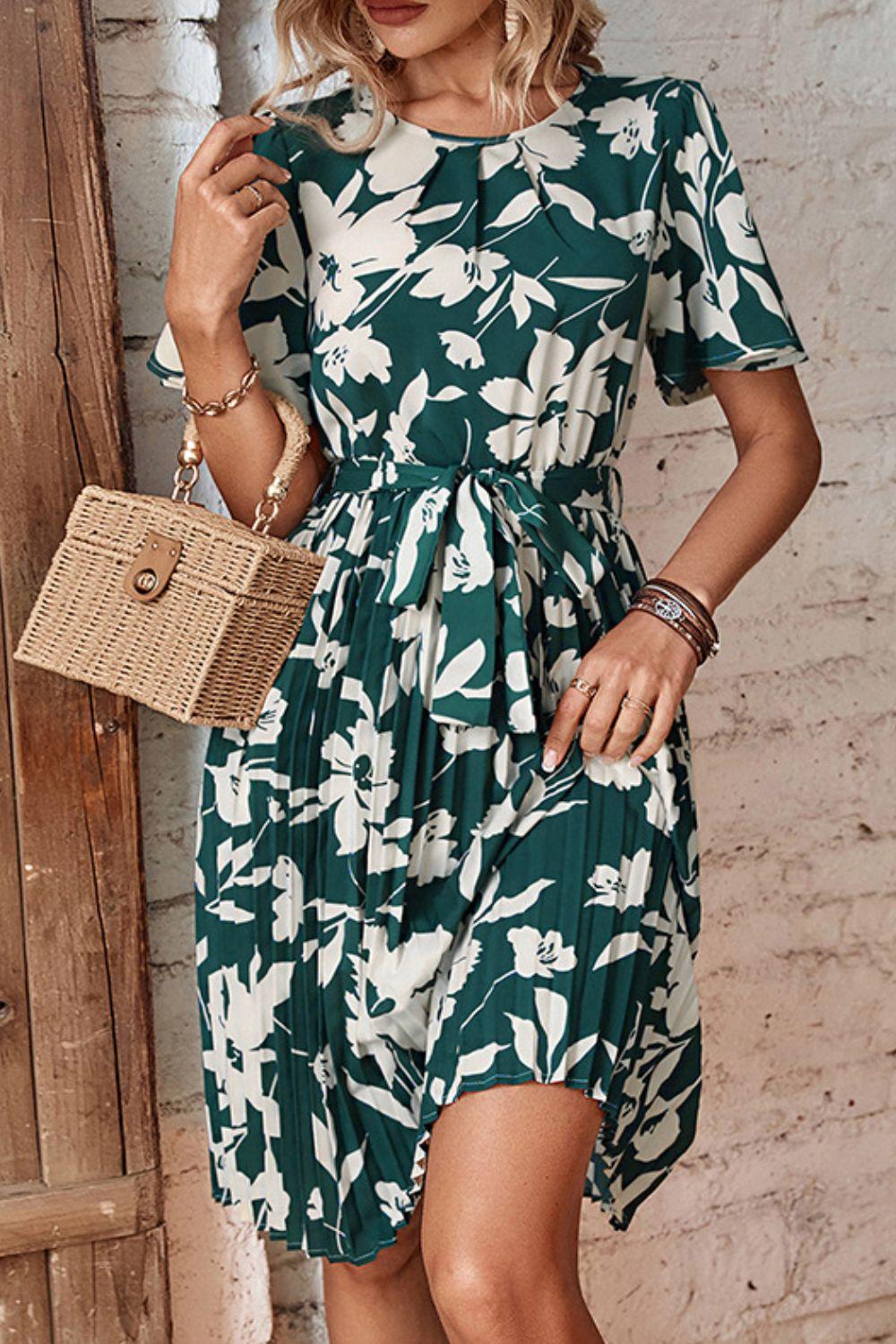 Floral Tie Belt Pleated Dress - Olive Ave