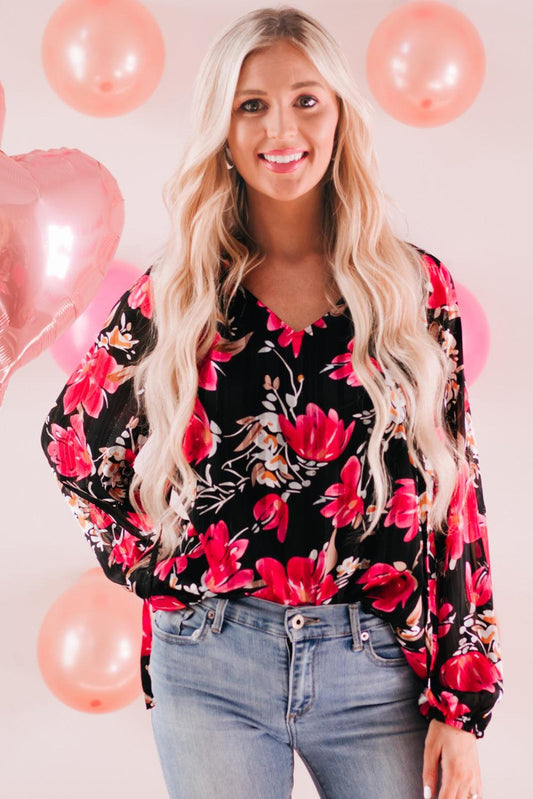 Floral V-Neck Balloon Sleeve Blouse - Olive Ave