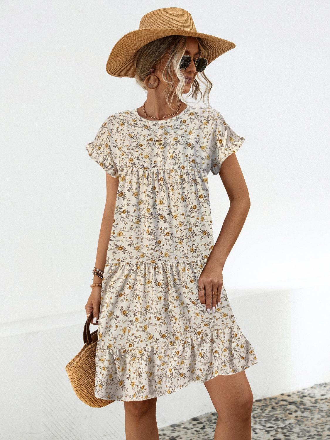 Frill Floral Short Sleeve Tiered Dress - Olive Ave