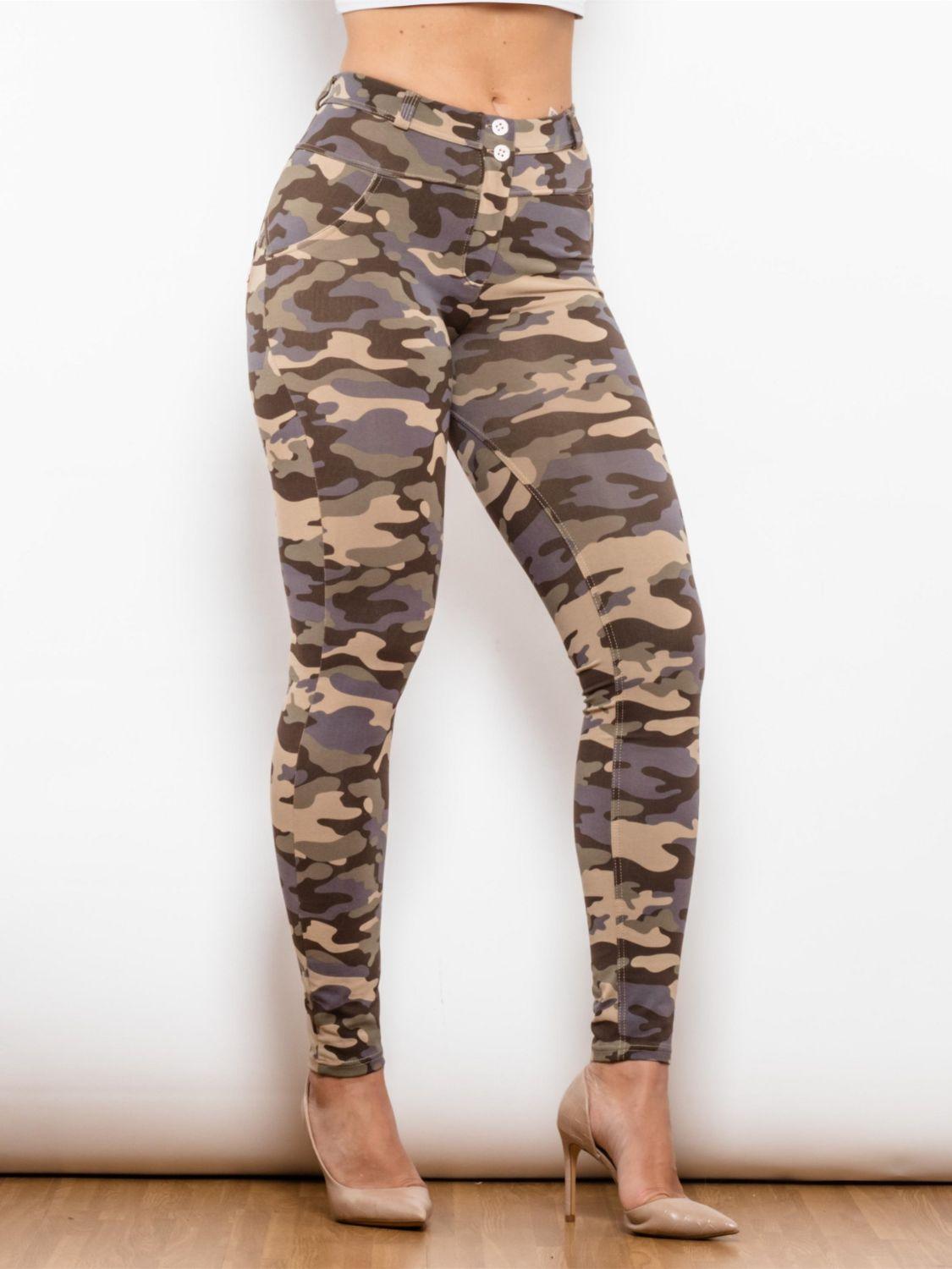 Full Size Camouflage Buttoned Leggings - Olive Ave