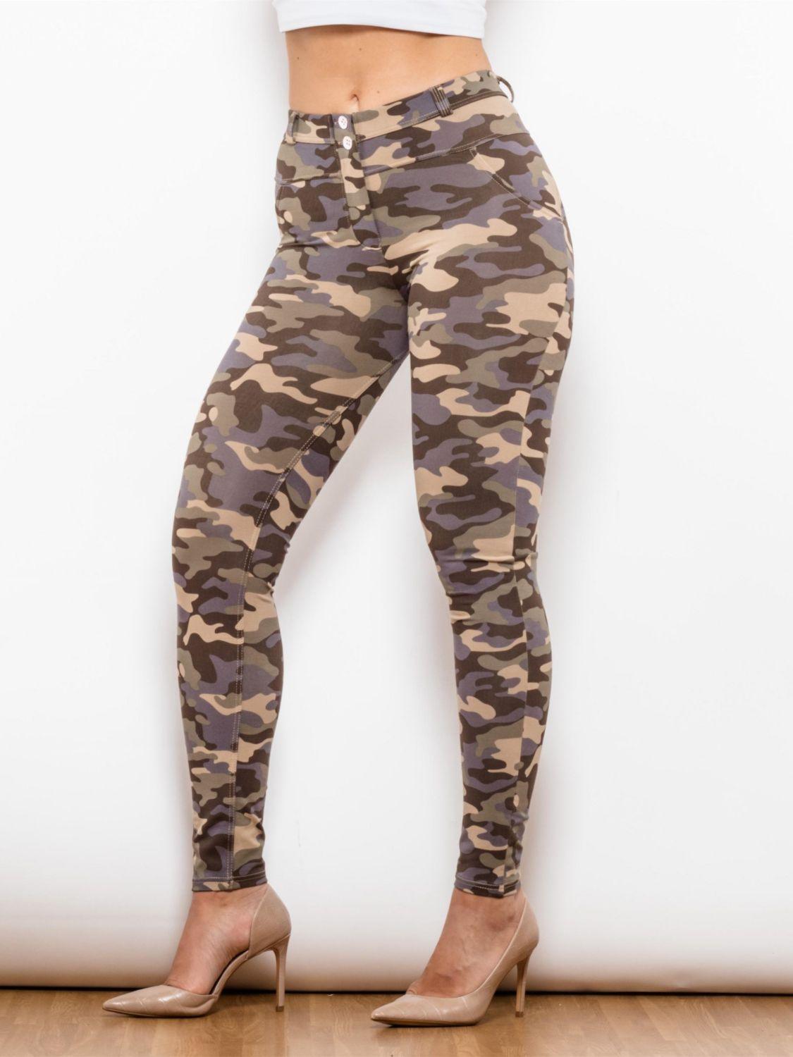 Full Size Camouflage Buttoned Leggings - Olive Ave