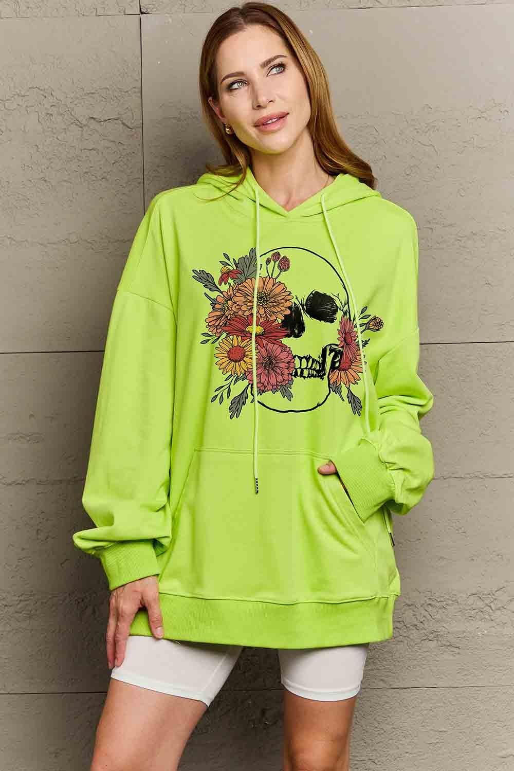 Full Size Floral Skull Graphic Hoodie - Olive Ave