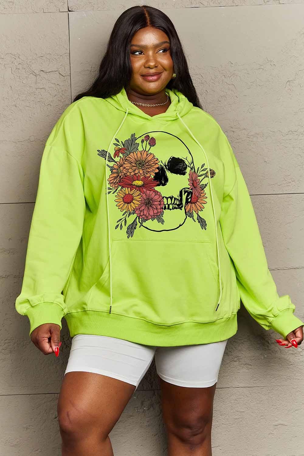 Full Size Floral Skull Graphic Hoodie - Olive Ave