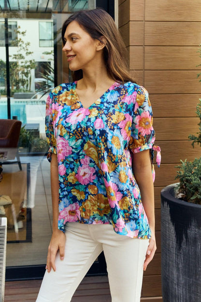 Full Size Floral V-Neck Petal Blouse - Olive Ave