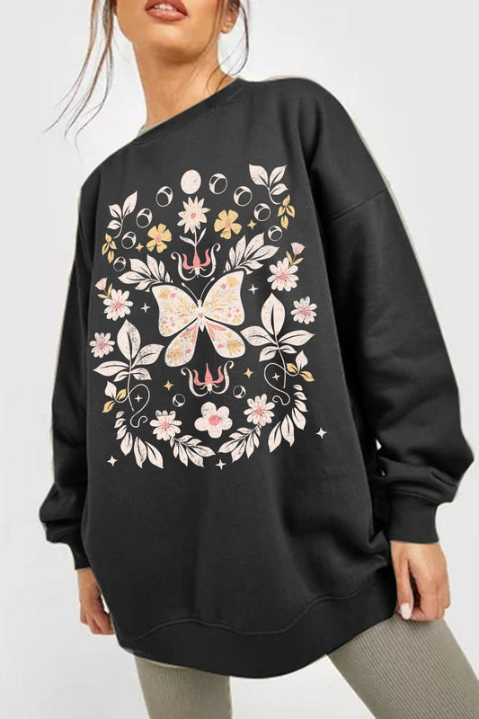Full Size Flower and Butterfly Graphic Sweatshirt - Olive Ave