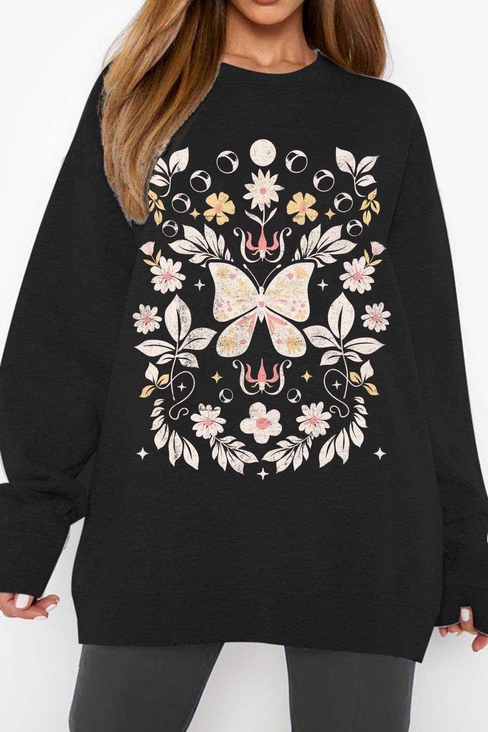 Full Size Flower and Butterfly Graphic Sweatshirt - Olive Ave