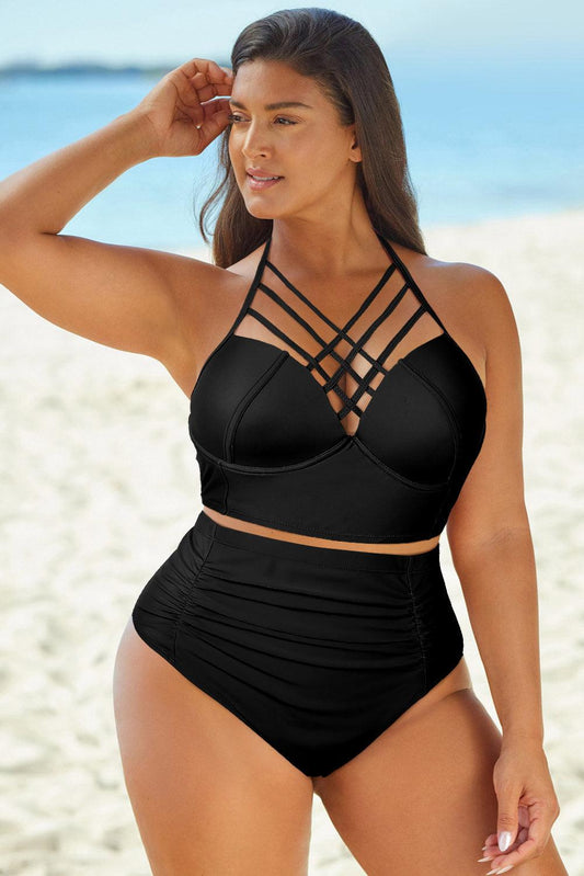 Full Size Halter Crisscross Ruched Two-Piece Swimsuit - Olive Ave