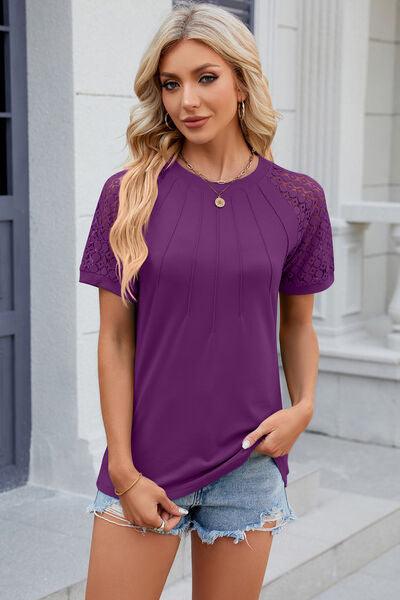 Full Size Openwork Short Sleeve Top in 8 Colors - Olive Ave