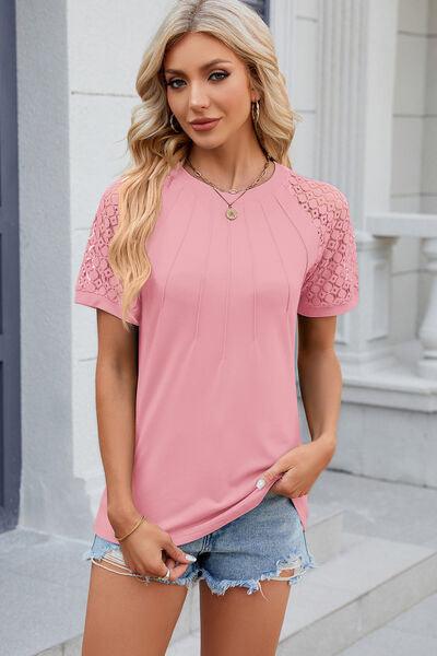 Full Size Openwork Short Sleeve Top in 8 Colors - Olive Ave