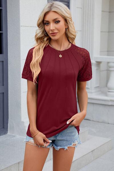 Full Size Openwork Short Sleeve Top in 8 Colors - Olive Ave