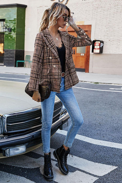 Full Size Plaid Buttoned Blazer - Olive Ave