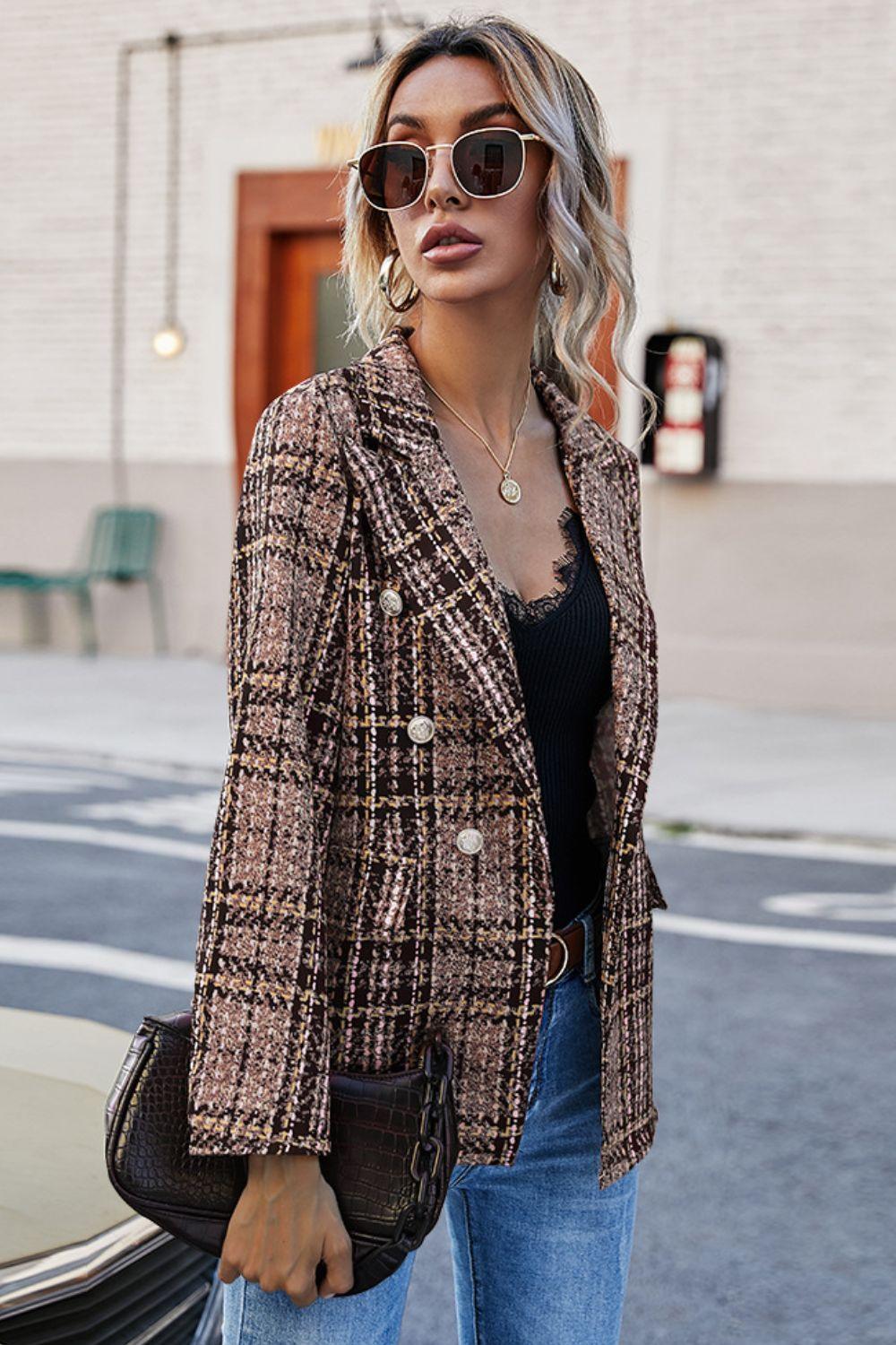 Full Size Plaid Buttoned Blazer - Olive Ave