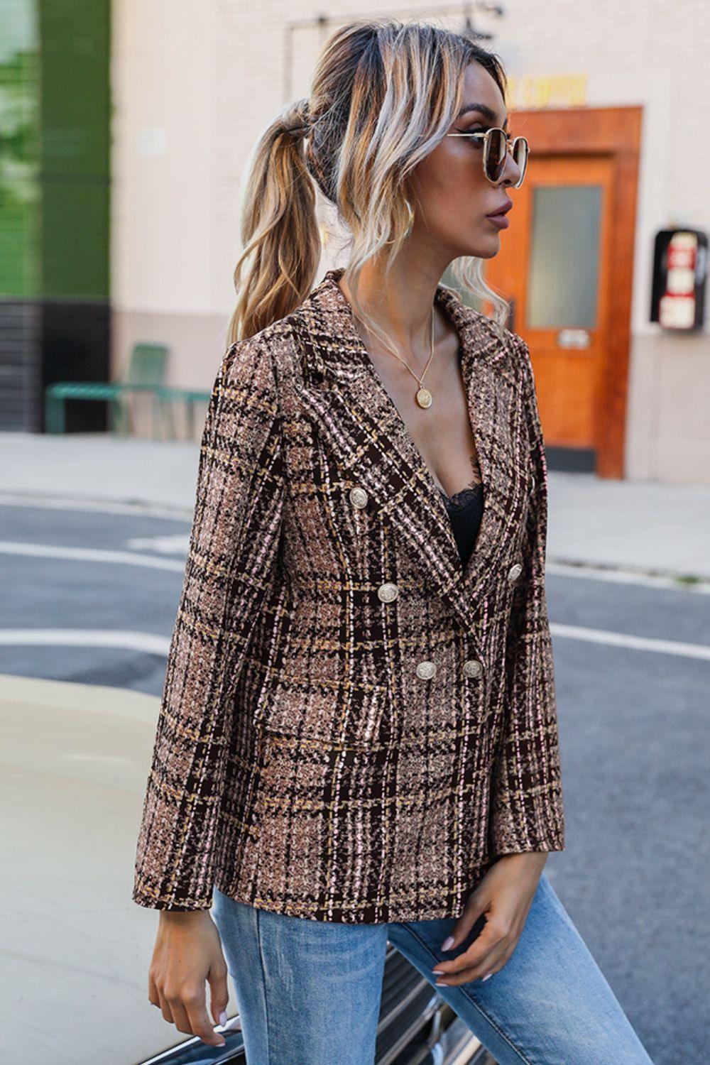 Full Size Plaid Buttoned Blazer - Olive Ave