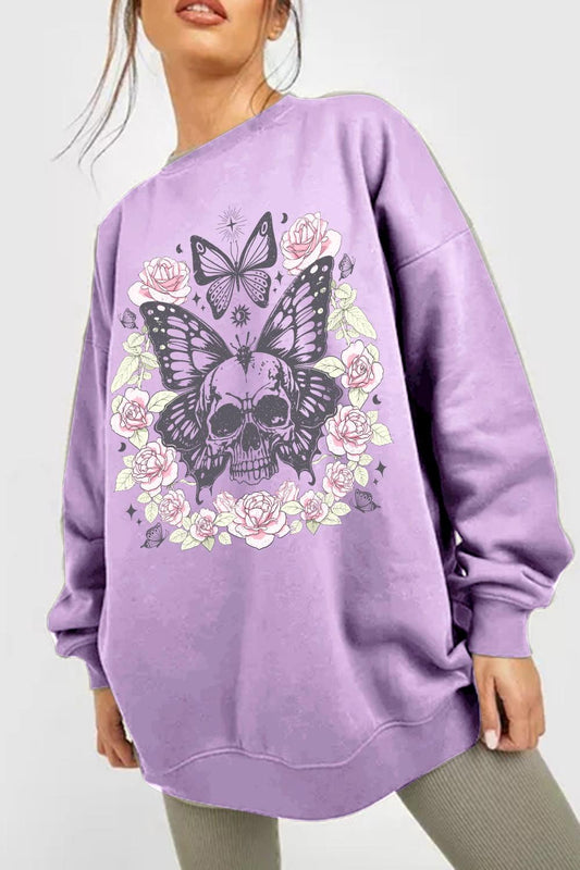 Full Size Skull Butterfly Graphic Sweatshirt - Olive Ave