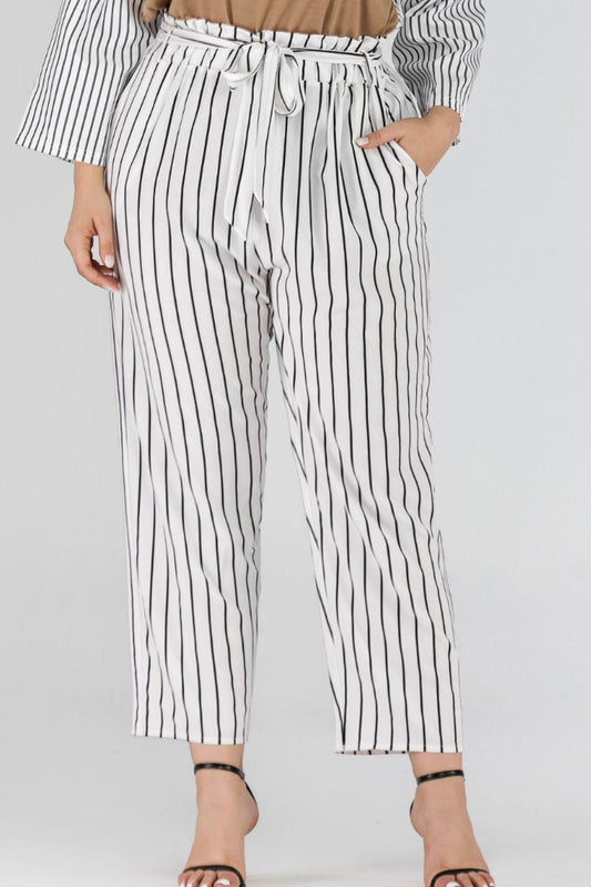Full Size Striped Paperbag Waist Cropped Pants - Olive Ave